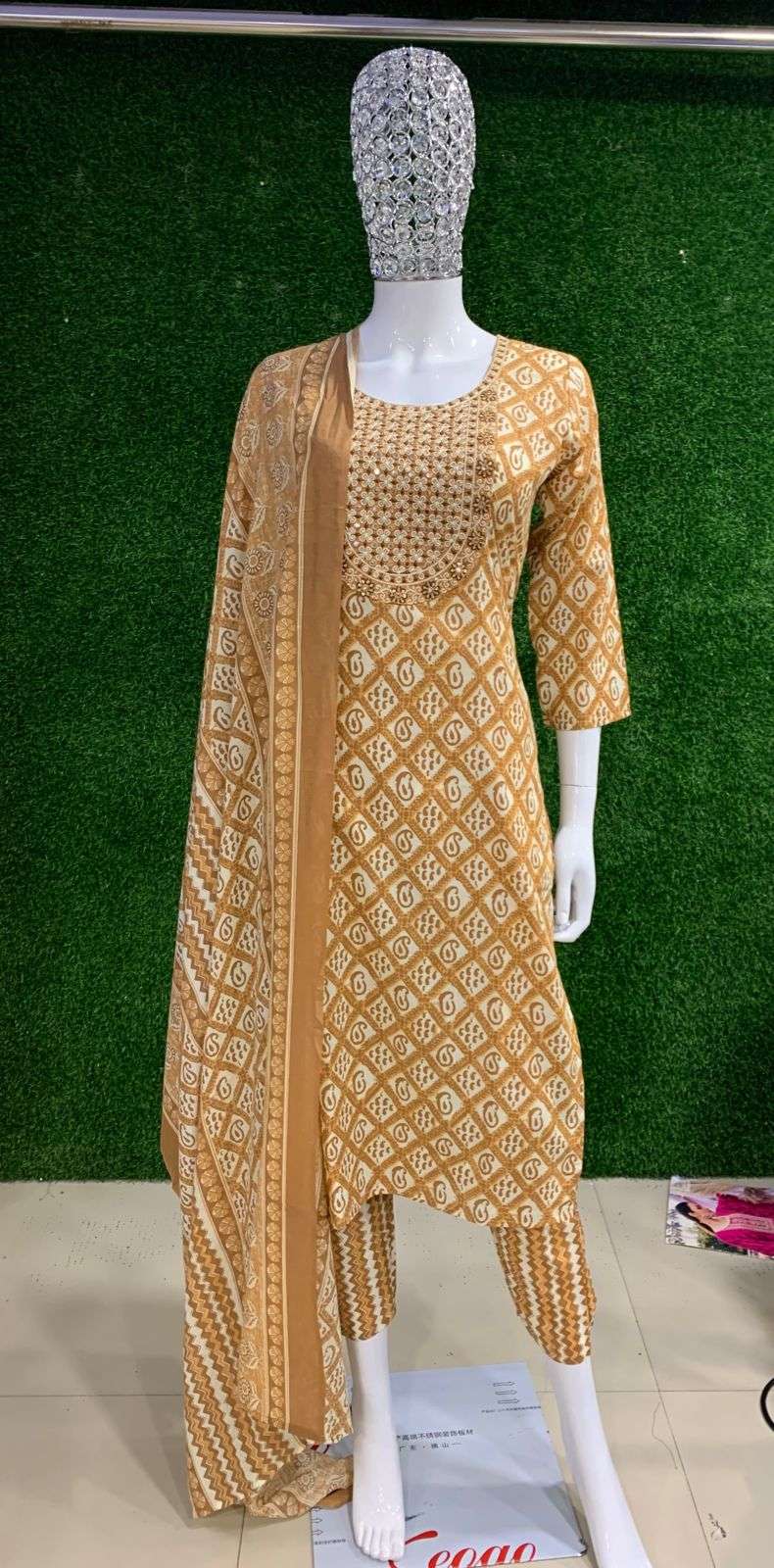 BEMITEX PRESENT YELLOW PURE 60-60 COTTON FABRIC BASED EMBROIDERY WITH MIRROR WORK 3 PIECE READYMADE SUIT COMBO COLLECTION WHOLESALE SHOP IN SURAT